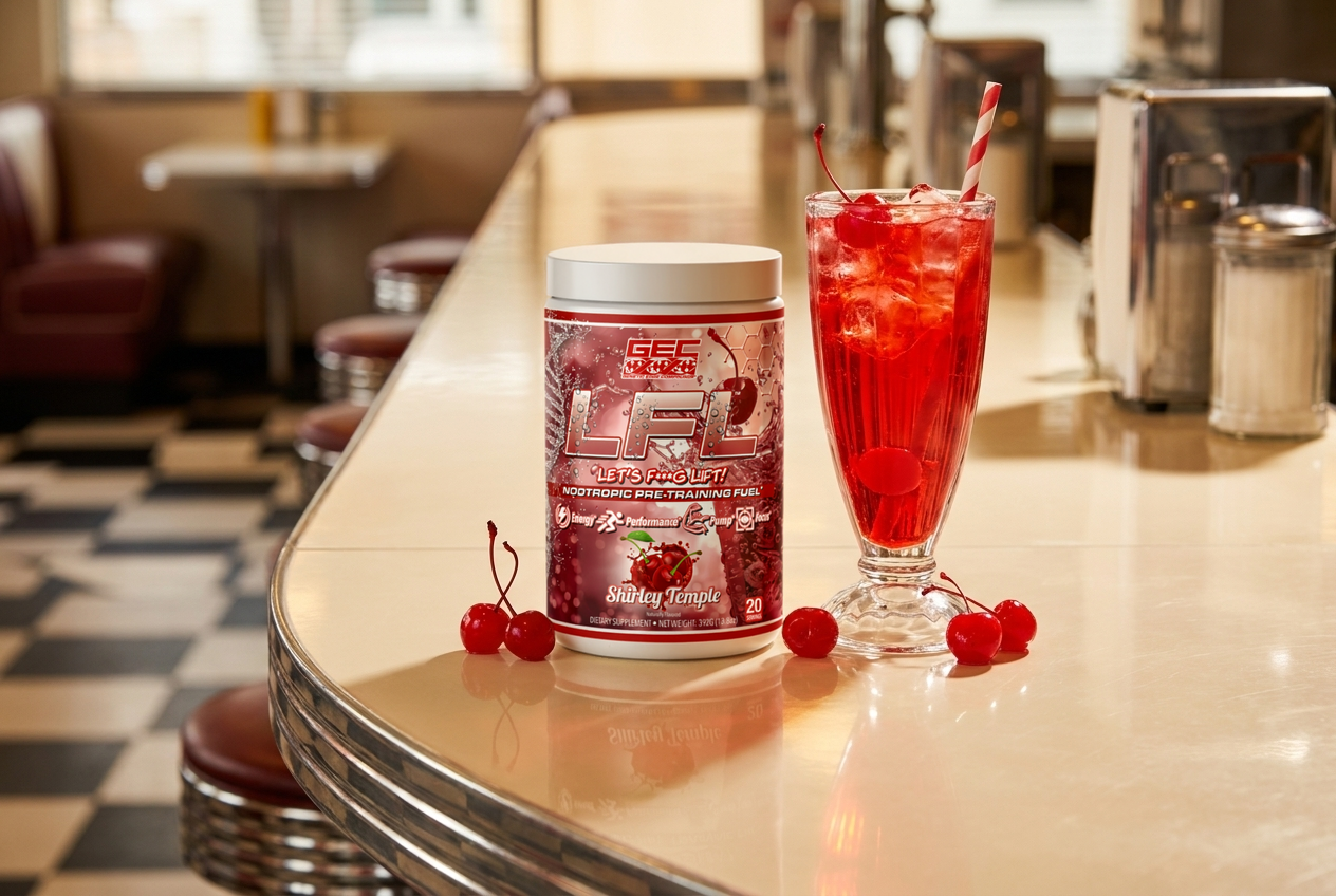 LFL Shirley Temple tub on a diner counter beside a Shirley Temple soda