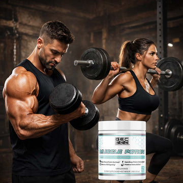 Muscle_Potion_Creatine_Monohydrate_Leucine_Velositol_collection_muscular_woman_and_man_working_out