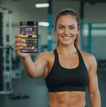 Muscular_woman_holding_bottle_of_LFL_pre_workout_nootropic